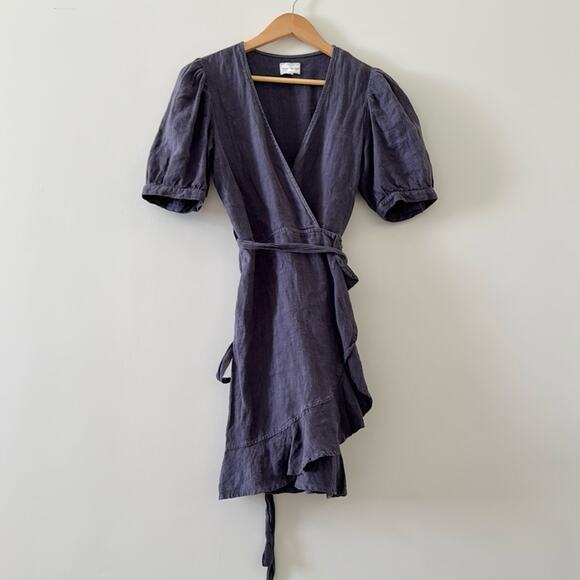 Honorine Charlotte Ruffle Wrap Dress 100% Linen Grey Blue Size Small - Picture 2 of 7